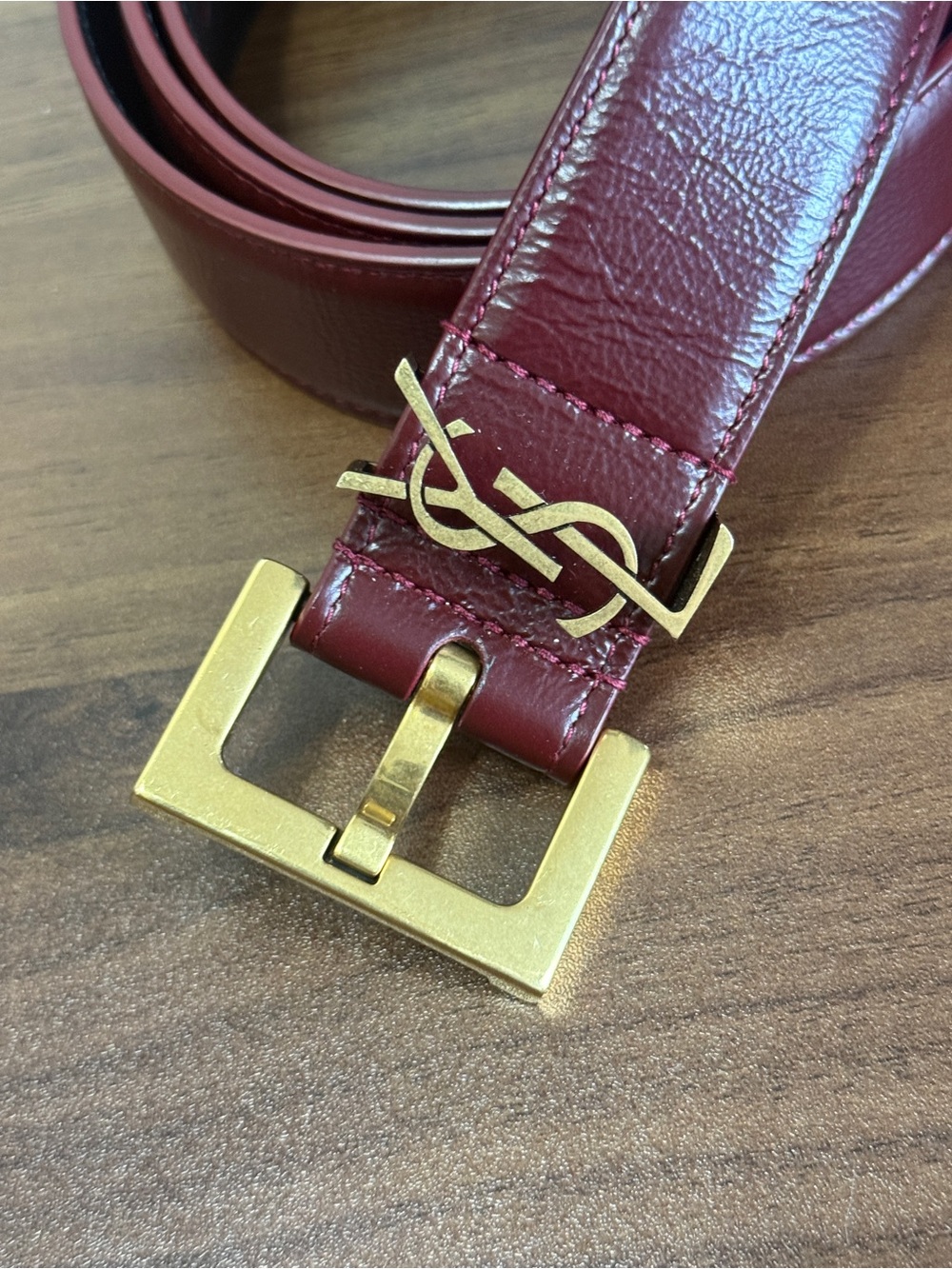 Yves Saint Laurent Burgundy Leather Belt with Gold YSL Buckle - Picture 3 of 13